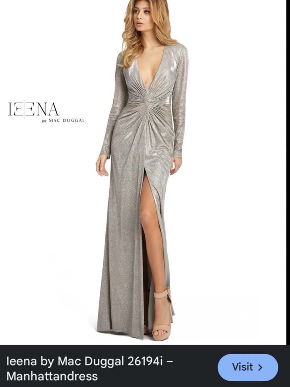 Ieena by Mac Duggal Silver Long-Sleeve Plunge Evening Gown size 10